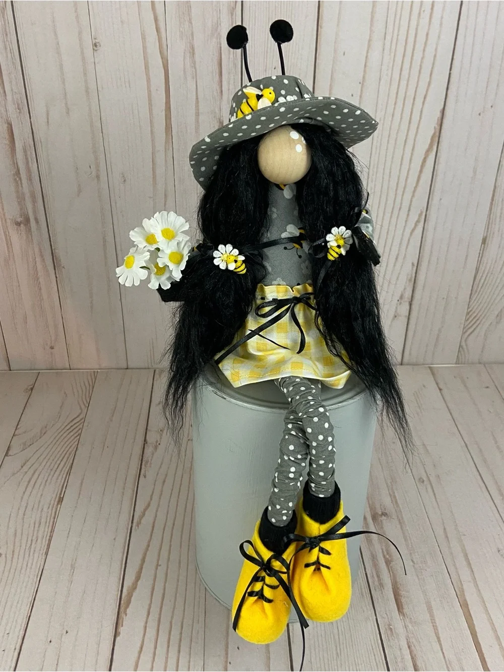 Handmade Sitting Bee Girl Gnome – Daisy Bumble Bee Shelf Sitter Decor - Picture 3 of 15